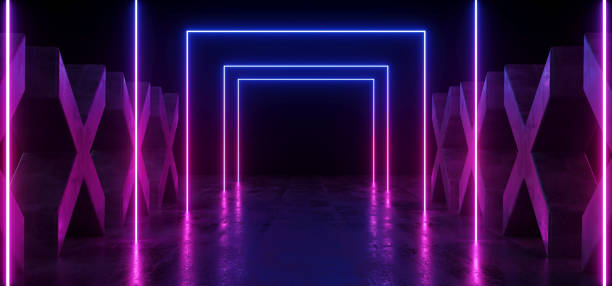 istock Purple Blue Dark Vibrant Neon Fluorescent Rectangle Shaped Sci Fi Futuristic Track Path Grunge Concrete Cross Shaped Glossy Reflective Floor Underground Garage Black Psychedelic Pattern 3D Rendering 1141529400