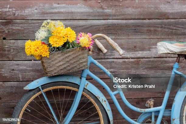 Retro Style Bike With Basket Of Flowers Stock Photo - Download Image Now - Bicycle, Cycling, Springtime