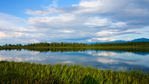 istock Beautiful summer landscape from the lake, fields, mountains and sky. 1141530985