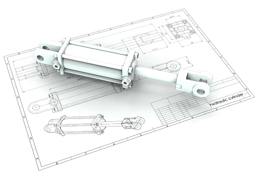 3d renderings of hydraulic cylinders above technical engineering drawing