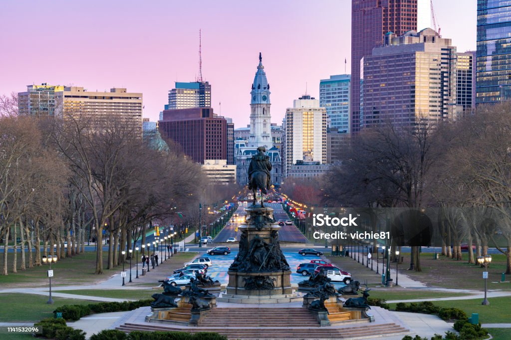 Philladelphia City Hall Night Philladelphia City Hall Clock Tower in Philladelphia, Pennsylvania, USA. Sunset Philadelphia - Pennsylvania Stock Photo