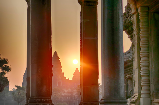 Artistic rendition of sunrise over temples at the UNESCO World Heritage Site Angkor Wat in Siem Reap, Cambodia.