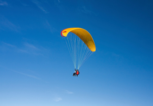 Paragliding sport over golden field, An Giang province