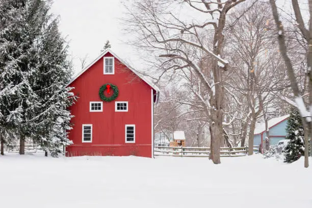 Photo of Red barn in the snow - rural winter scene