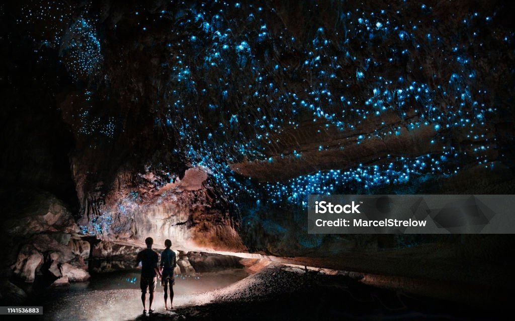 Under a glow worm sky - couple shining a light into Waipu cave filled will glow worms Cave Stock Photo