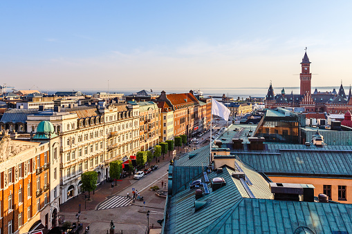 Center street of Helsingborg city panorama, with town hall tower, Sweden