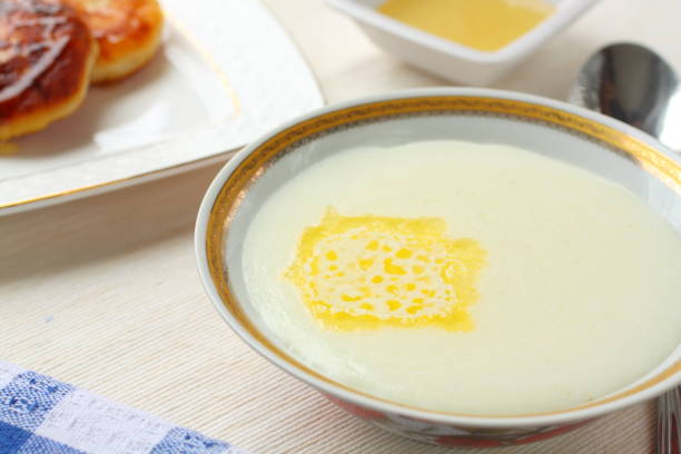 Milk semolina with butter for children's breakfast. stock photo
