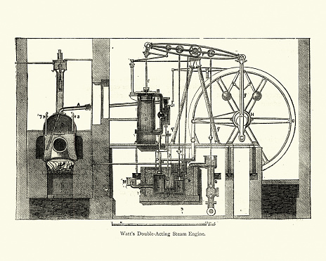 Vintage engraving of a Diagram of James Watt's Double acting steam engine. James Watt was a Scottish inventor, mechanical engineer, and chemist who improved on Thomas Newcomen's 1712 Newcomen steam engine with his Watt steam engine in 1776, which was fundamental to the changes brought by the Industrial Revolution
