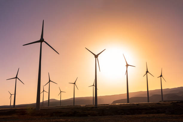 istock Wind turbine farm at sunset producing renewable energy, several windmill generating clean ecological electricity, sustainable development 1141541761