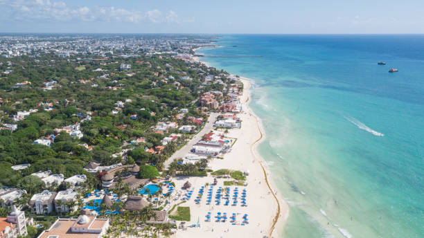 Luxury tropical resort with white sand. Aerial view Popular resort Playa del Carmen, Mexico playa del carmen stock pictures, royalty-free photos & images
