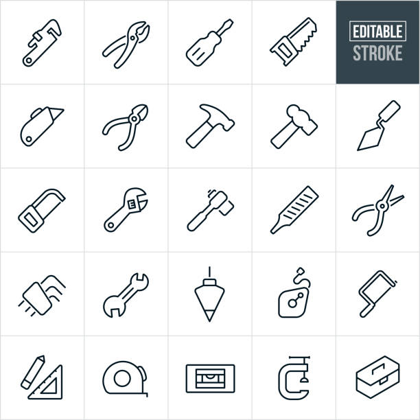 Hand Tools Thin Line Icons - Editable Stroke A set of hand tool icons that include editable strokes or outlines using the EPS vector file. The icons include a pipe wrench, pliers, screwdriver, wood saw, box cutter, wire cutters, hammer, ball-peen hammer, cement trowel, hack saw, crescent wrench, socket wrench, file, needle nose pliers, hex wrench, end wrench, chalk line, coping saw, square, tape measure, level, c-clamp and toolbox. wrench spanner work tool hand tool stock illustrations