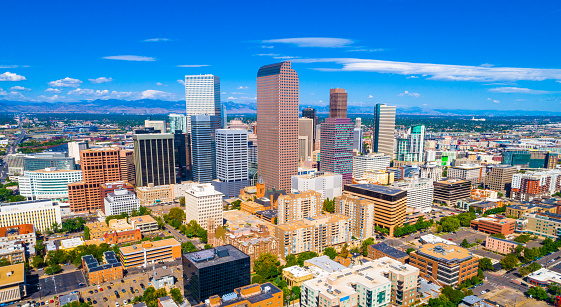 Panorama Denver Colorado USA skyline cityscape panoramic aerial drone view above Mile High City