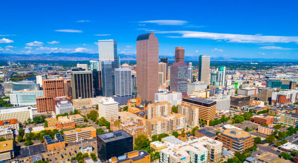 Denver Colorado USA skyline cityscape panoramic aerial drone view above Mile High City stock photo