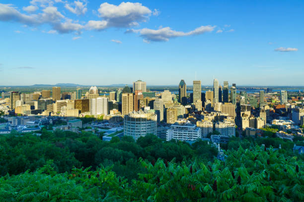sunset view of the downtown montreal - lawrence quebec canada north america imagens e fotografias de stock