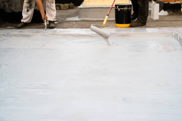 istock Roof insulation, two man applying material using the paint roller and brush insulating the building 1141548283