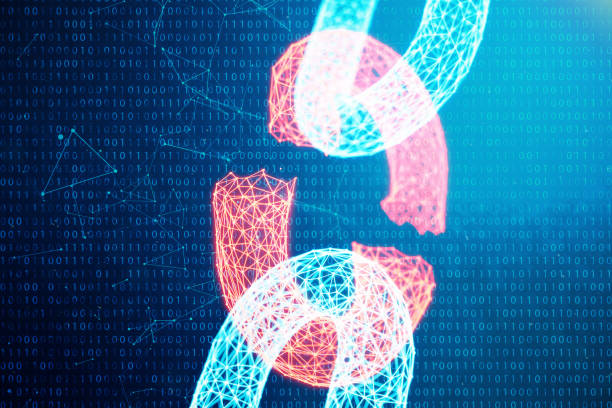 istock Disconnected, broken chain, digital block chain technology. Cryptocurrency, concept of digital code. Block chain concept. Low polygonal grid of triangles glowing in blue dot network, 3D illustration 1141552303