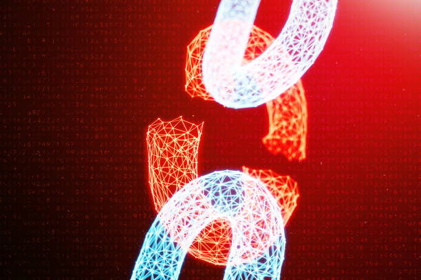 istock Disconnected, broken chain, digital block chain technology. Cryptocurrency, concept of digital code. Block chain concept. Low polygonal grid of triangles glowing in blue dot network, 3D illustration 1141552304
