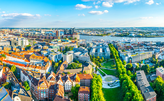 Aerial view of the Speicherstadt warehouse district, port district and the elbphilharmonie building in Hamburg, Germany.