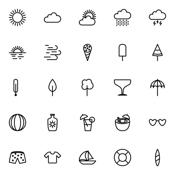 ilustrações de stock, clip art, desenhos animados e ícones de set of summer line icons - suntan lotion symbol ice umbrella