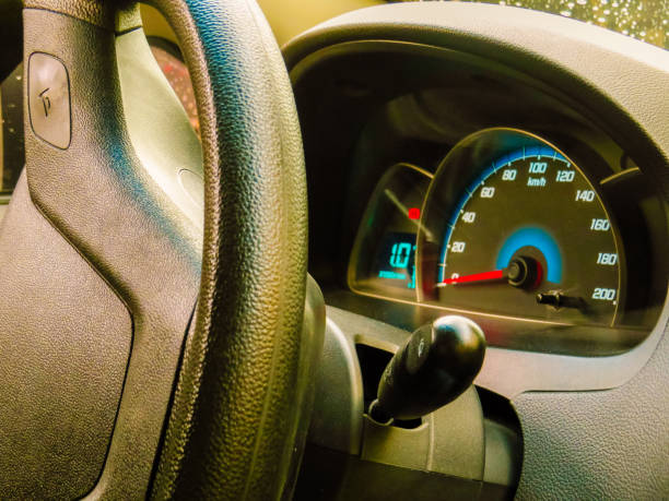 istock Steering wheel and velocimeter in car 1141559890