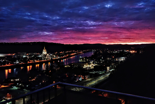 The capitol building and the Kanawha river at sunrise, Charleston, West Virginia. Shot from the Imperial Towers in 2018.
