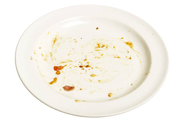 A used plate showing the remains of a meal.
