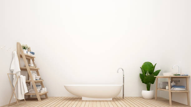 istock Bathroom simple design in hotel or home. White bathroom Scandinavian style for artwork. 3D Illustration for Bathroom minimal style. 1141563220