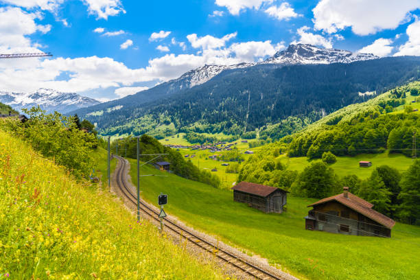 Railway in Alps mountains, Klosters-Serneus, Davos, Graubuenden Switzerland