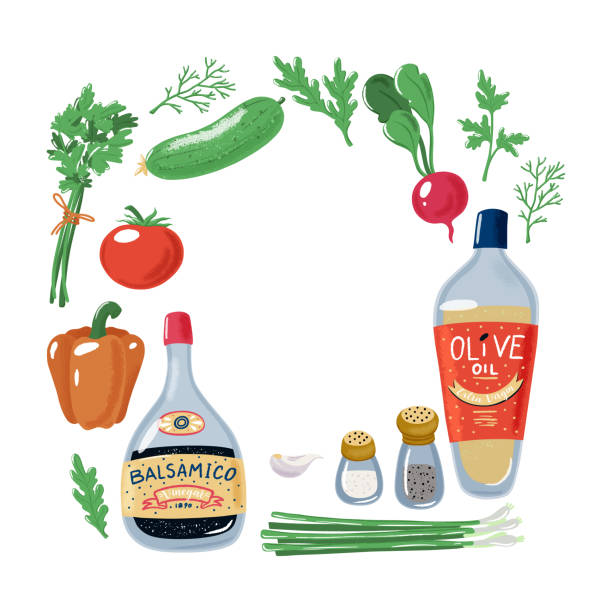 illustrazioni stock, clip art, cartoni animati e icone di tendenza di cornice quadrata di ingredienti per insalata di verdure - vinegar bottle herb white