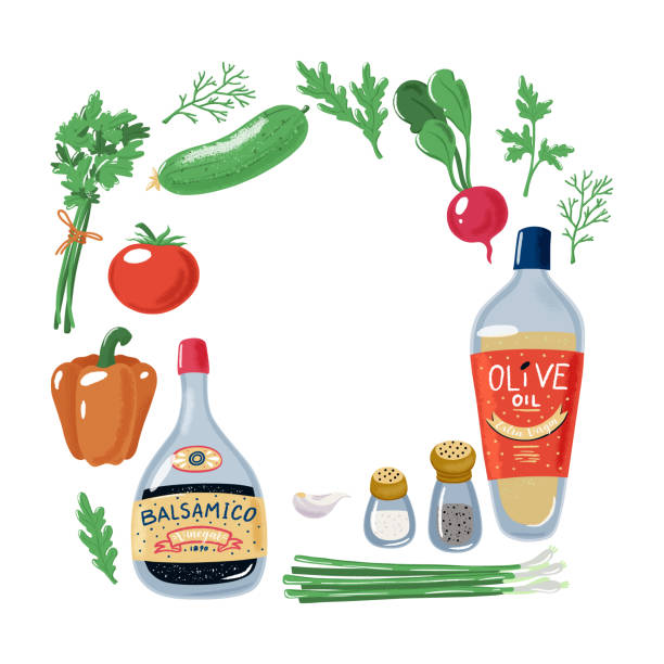 야채 샐러드 재료의 사각 프레임 - vinegar bottle herb white stock illustrations