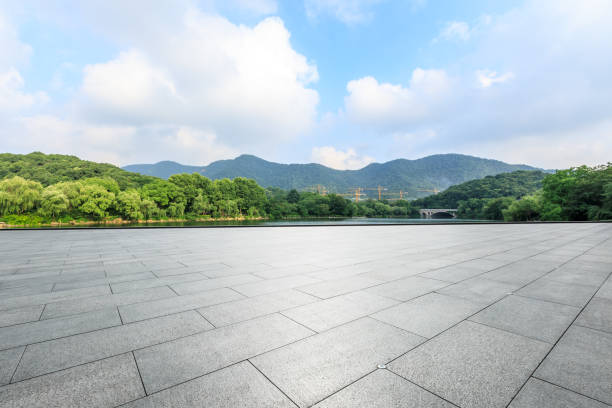 istock Empty floor and green mountain with sky landscape 1141570263