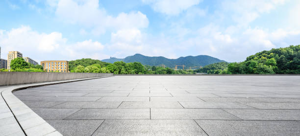 istock Empty floor and green mountain with sky landscape 1141572390