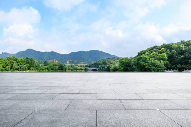 istock Empty floor and green mountain with sky landscape 1141572532