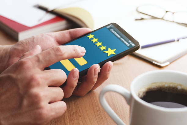 Customer review Concept. Sending five stars rating.