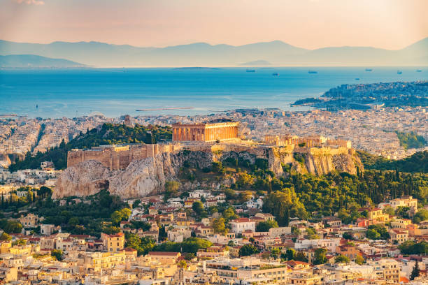 Aerial view on Athens, Greece Panoramic aerial view of Athens, Greece at summer day piraeus photos stock pictures, royalty-free photos & images