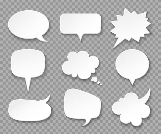 Paper speech bubbles. White blank thought balloons, shouting box. Vintage speech and thinking expression vector bubble set Paper speech bubbles. White blank thought balloons, shouting box. Vintage speech and thinking expression vector bubble set. Speak message cartoon graphic cloud shape balloons stock illustrations