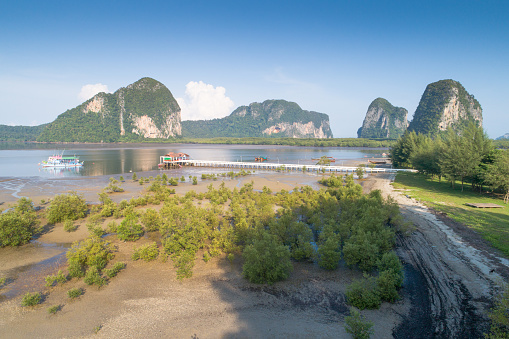 Aerial view wide shot beautiful landscape sunset tropical beach sea in south thailand Asia