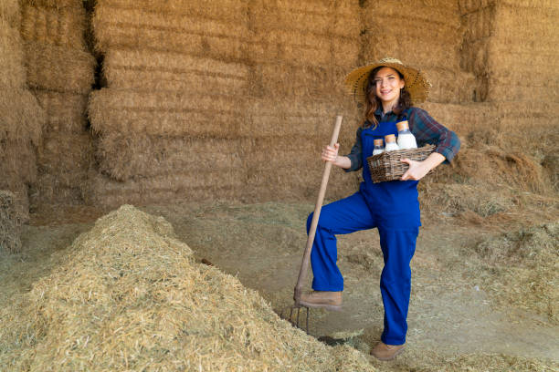 istock Farmers working with hay in barn 1141596487