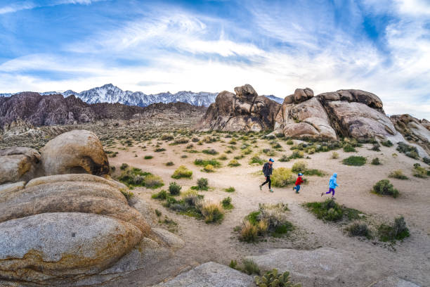 Mother and children hiking