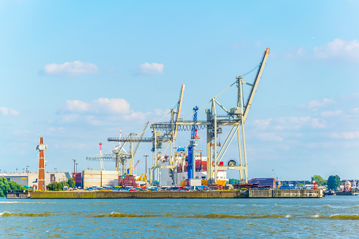 View of cranes in the port of bremen, Germany.