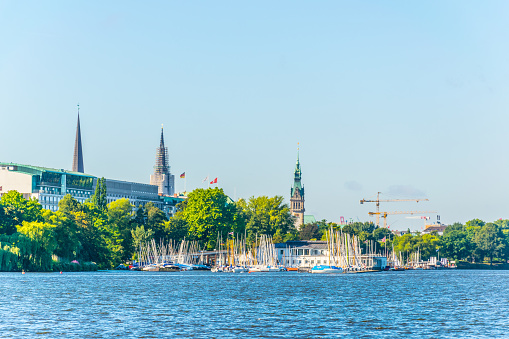 View of marina on the aussenalster lake in Hamburg, Germany