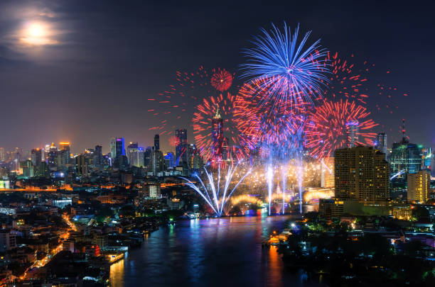 istock Bangkok cityscape with fireworks. 1141601827