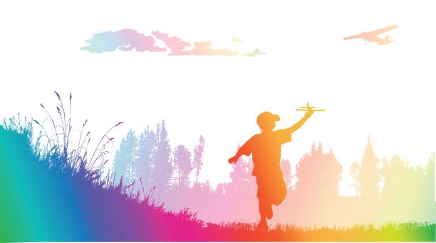 ilustraciones, imágenes clip art, dibujos animados e iconos de stock de el sueño de un niño de volar rainbow - silhouette running cap hat