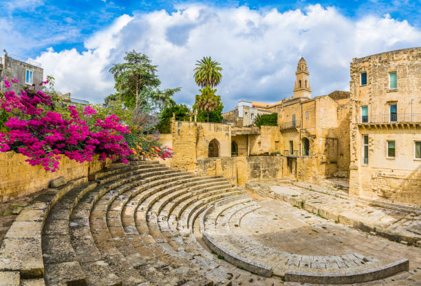Ruins of Roman theater Ancient Roman theater in Lecce, Puglia region, southern Italy lecce stock pictures, royalty-free photos & images