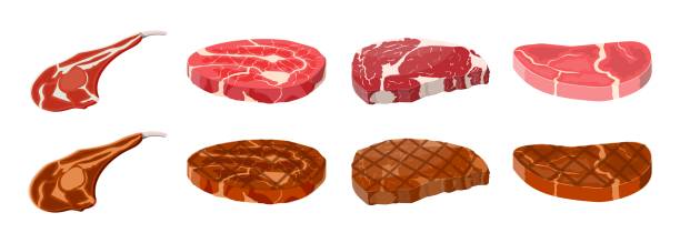 ilustrações, clipart, desenhos animados e ícones de coleção de bifes fritados. - grilled steak illustrations