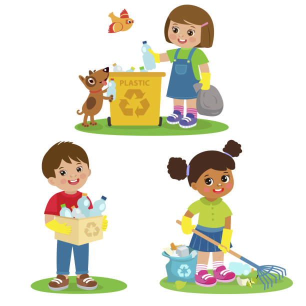 ilustraciones, imágenes clip art, dibujos animados e iconos de stock de vector set ilustraciones niños recogiendo botellas de plástico en bolsas de basura. ambiente de limpieza de los niños de la basura. - recycling recycling symbol environmentalist people