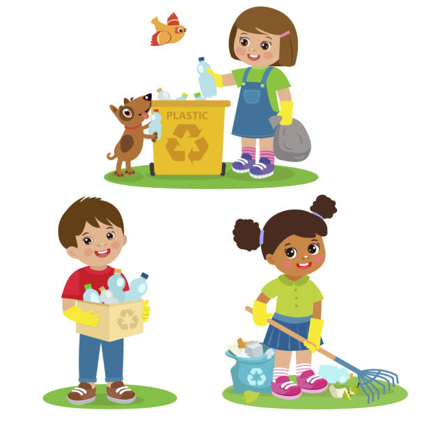 ilustrações, clipart, desenhos animados e ícones de miúdos ajustados das ilustrações do vetor que pegaram frascos plásticos em sacos de lixo. ambiente da limpeza das crianças do lixo. - recycling recycling symbol environmentalist people