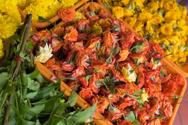 Photo of Rose, Marigold flowers to offer to God during worship at little India, Singapore