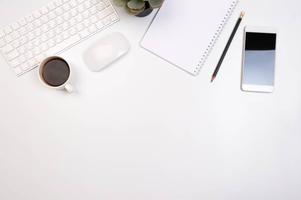 istock Office desk table with supplies. Flat lay Business workplace and objects. Top view. Copy space for text - Image 1141610089