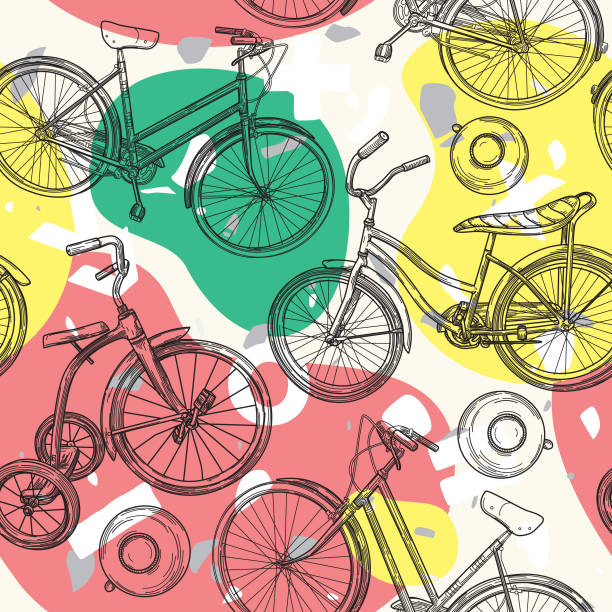 Colorful Blob and Bicycle Seamless Pattern A retro 80s and 90s seamless bicycle pattern with a funky amorphous blob background. bicycle patterns stock illustrations